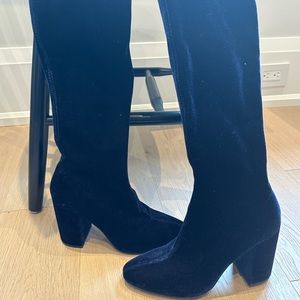 Royal blue velvet over the knee boots